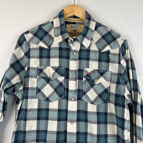 Hollister Western Shirt Mens Medium Blue White Plaid Pearl Snap Cowboy‎ Rodeo M - Picture 7 of 7